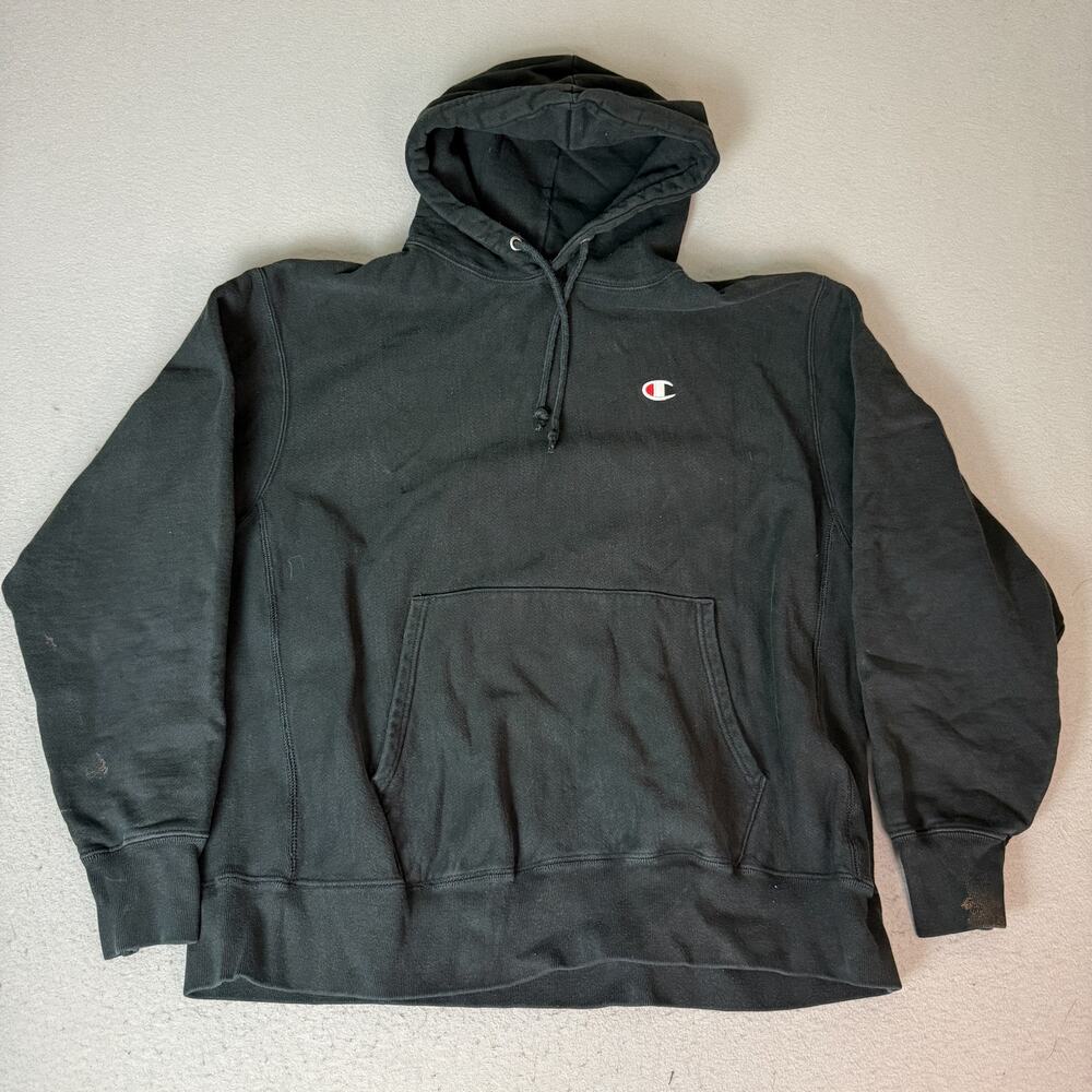 Champion Reverse Weave Hoodie Mens XXL Black Cotton Blend Pullover GF68 Logo